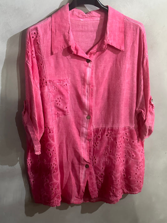 Linen Patch Blouse Fuschia